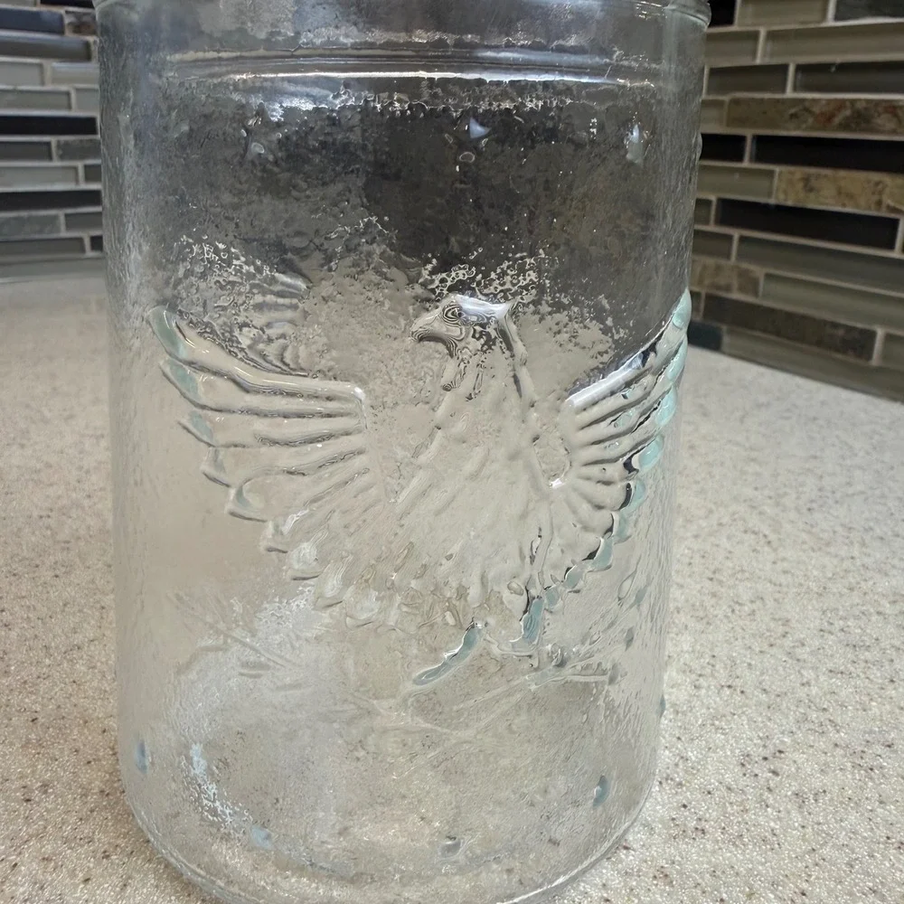 Vintage Clear Glass Apothecary Jar Embossed Eagle Star Lid Textured Patriotic